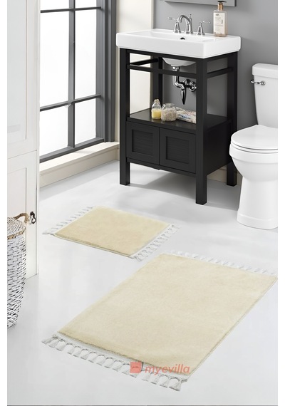 My Evilla Simirna Ponpon Saçaklı Peluş Yıkanabilir Kaymaz Banyo Paspası 2'li Klozet Takımı Bej Bej