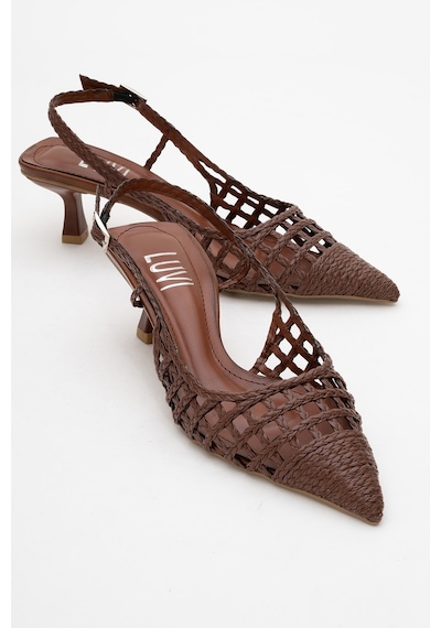 Luvishoes Heaven Koyu Taba Örme Arkası Açık Kadın Kısa Topuklu Ayakkabı Taba