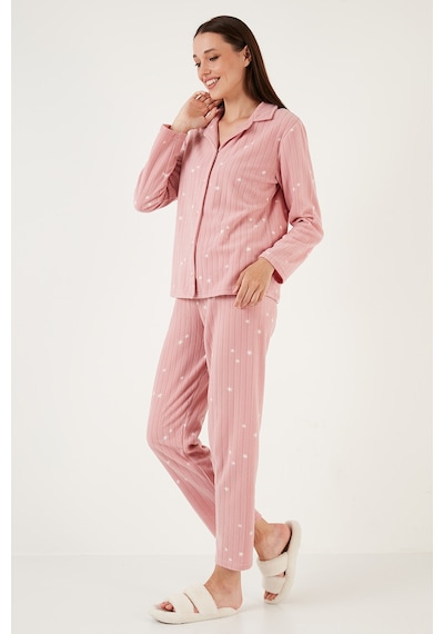 Lela Regular Fit Gömlek Yaka Önden Düğmeli Polar Bayan Pijama Takımı 6571009W4 Pudra
