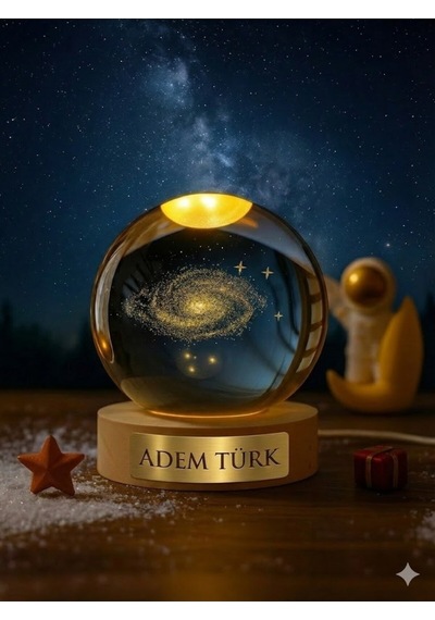 İsime Kişiye Özel Ledli Usb'li Ahşap Standlı Samanyolu Temalı Kristal Küre 3d Oda Masa Gece Lambası Ahşap