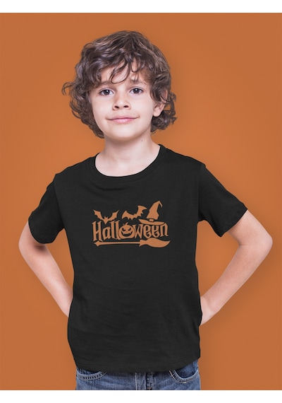 Bumeta Halloween Yarasa Balkabağı Cadı Şapkası Ve Süpürge Turuncu Çocuk Tişört T-shirt Siyah