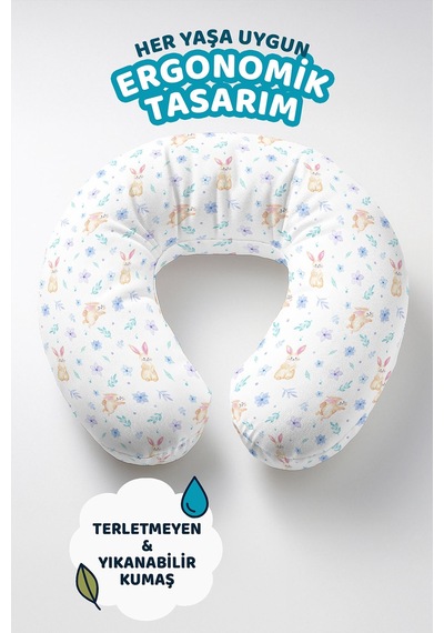 Tavşan Ve Çiçek Desenli Pamuklu Boyun Yastığı - Pastel Renkli Çocuk & Yetişkin Seyahat Yastığı Gece Orman Yeşili