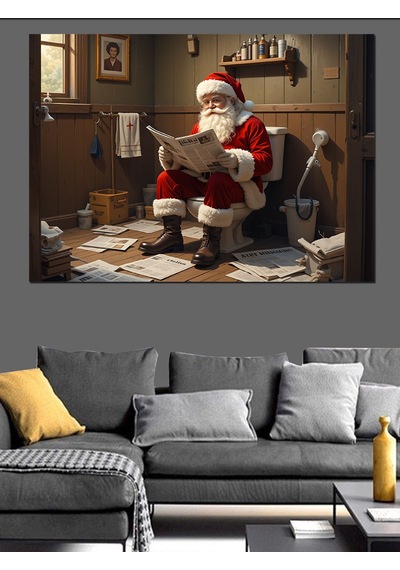 Tuvalette Oturan Noel Baba Dekoratif Kanvas - Mdf Ahşap Tablo