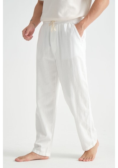 Redline Luxe Erkek Baggy Keten Karışımı Rahat Pantolon Bol Paça Yeni Sezon Beyaz