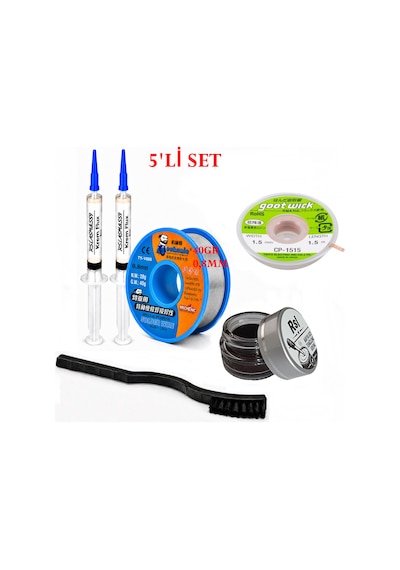 Lehimleme Seti 0,8 Mm 40 Gr Lehim Teli 2 Li Flux Cp-1515 Lehim Fitili Havya Ucu Temizleme Kremi Fırça Seti St30
