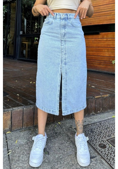 Açık Mavi Cepli Yırtmaçlı Uzun Denim Etek