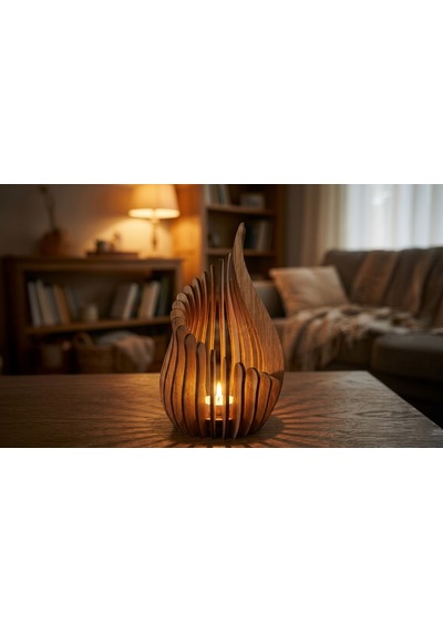 Ateş 3'lü Tealight Mumluk Ahşap Mumluk + Led Pilli Mum Ham Mdf