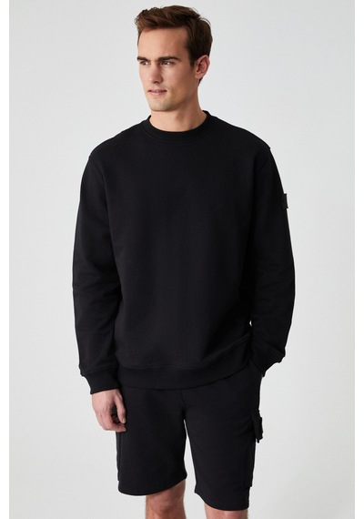 Grimelange OLLIE Erkek Bisiklet Yaka Regular Uzun Kollu Nakış Detaylı Siyah Sweatshirt