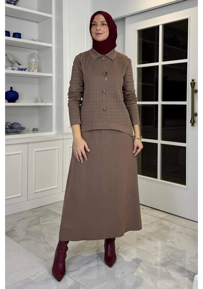Rabia Şamlı Kumsal Triko Takım Sütlü Kahve Normal