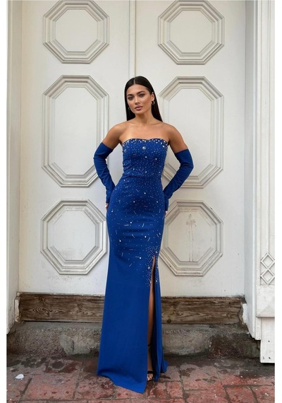 DefyModa Kadın Trend Straplez Taş Detaylı Yırtmaçlı Abiye Elbise Saks