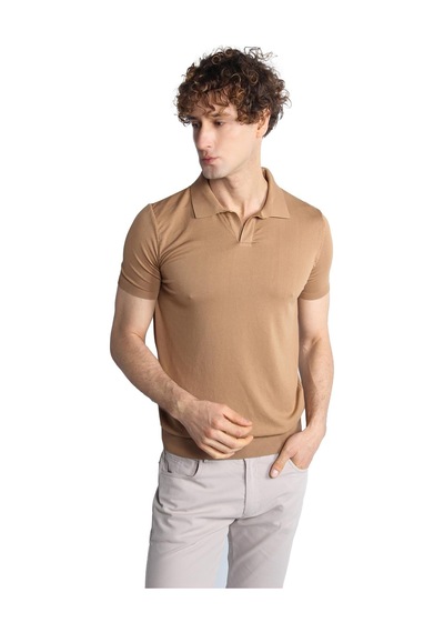 İgs Vizon Slim Fit Dar Kalıp Polo Yaka Düz Kısa Kollu Triko Tişört-16332 Bej