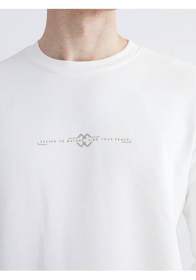 LC Waikiki Lcwaıkıkı Classic Beyaz Bisiklet Yaka Baskılı Erkek Kalın Sweatshirt Ecru