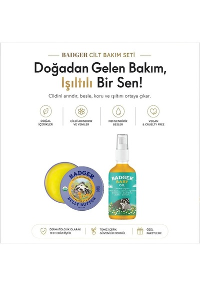 Badger Karın Bölgesi Nemlendirici Krem Ve Organik Bebek Yağı Seti