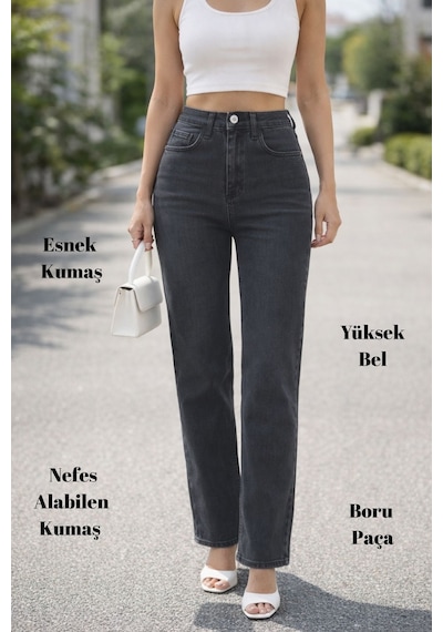 Cedy Denim Kadın Boru Paça Yüksek Bel Regular Fit Likralı Pantolon Gri Cedy Denim Kadın Boru Paça Yüksek Bel Regular Fit Likralı Pantolon Gri