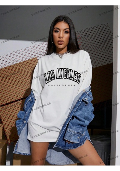 Startmore Los Angeles Baskılı Oversize Kalıp Unisex T-shirt Beyaz