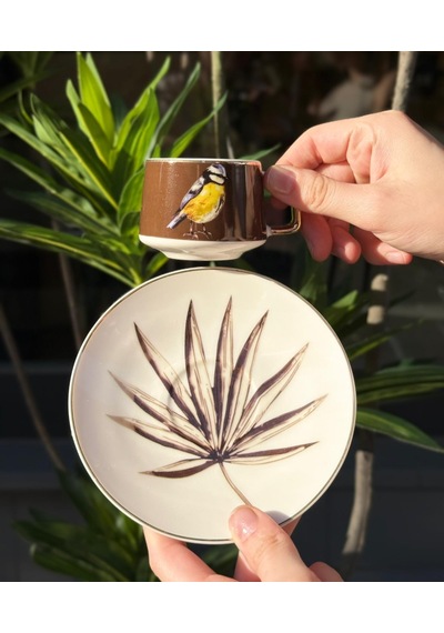 6'lı Porselen Kahve Fincanı Bird Brown-5164 Çok Renkli