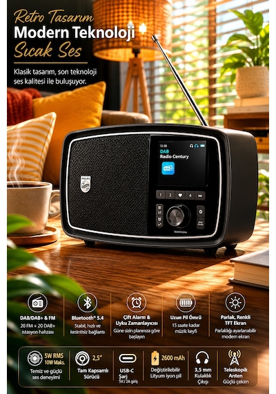 Philips Tav2000fb/00 Retro Taşınabilir Fm Radyo Bluetooth 5.4 Şarj Edilebilir Kablosuz Hoparlör Siyah