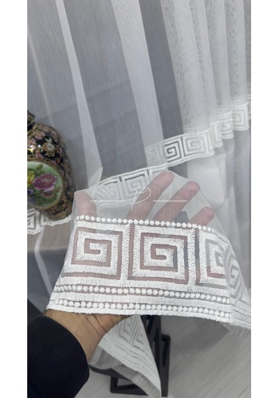 Tül Perde Dokuma Zemin Versace Desen 2 Hiza Enine Bantlı 127564 Ekru