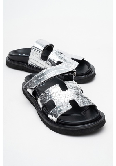 Luvishoes Luvi Shoes Loana Gümüş Baskı Hakiki Deri Kadın Terlik Gümüş