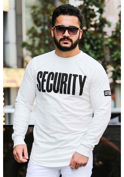 Madmext Beyaz Yırtık Detaylı Baskılı Sweatshirt 4126 Beyaz