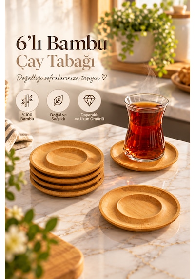 Porsima Pbt-708 6'lı Bambu Çay Tabağı Seti 10 Cm - %100 Doğal Ahşap Yuvarlak Çay Bardağı Altlığı