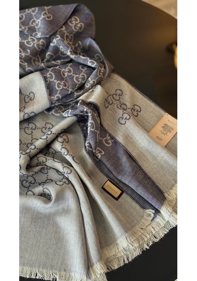Miorel Scarfs İnce Kumaş G Desen Pamuklu Şal Yün İpek Şal 4 Mevsim Çift Taraflı Kot Mavi
