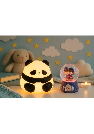2 Li Sevgiliye Romantik Hediye Seti Slikon Panda Renkli Led Gece Lambası Ve 9 Cm Mor Kar Küresi Set Set