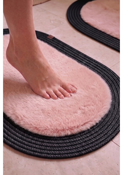 Banyo Paspası Takımı 60x100+60x60 Cm Düz Pembe & Siyah