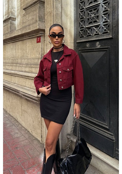 Bordo Çift Cep Denim Crop Ceket Bcdf-255419 Çok Renkli