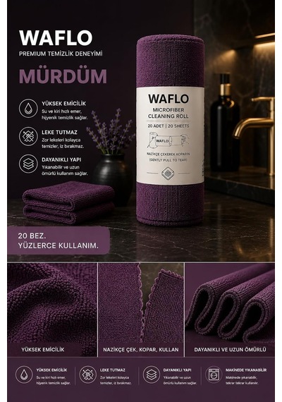 Mikrofiber Temizlik Bezi Rulo 20'li Mürdüm Yüksek Emicilik, Tekrar Kullanılabilir, İz Bırakmaz Çok Renkli
