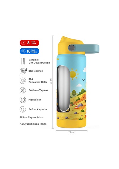 Puccon 540 Ml İş Makinesi Baskılı Sarı - Mavi Erkek Çocuk Pipetli Çelik Termos Matara/suluk - 60046