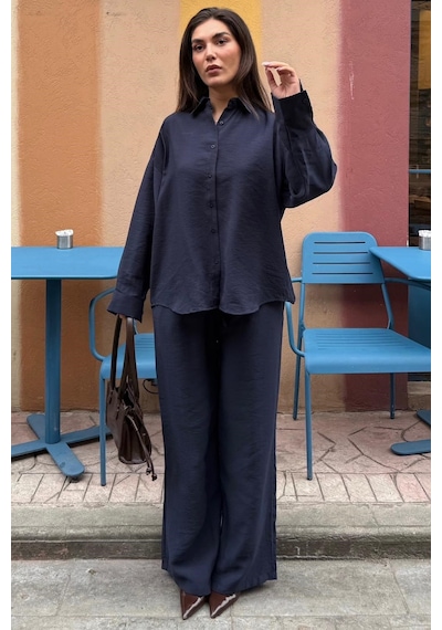 Madmext Lacivert Soft Touch Modal Gömlekli Takım Mg2742