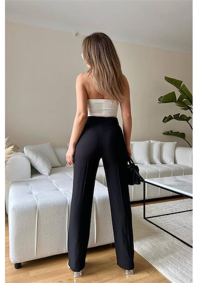 Neşeli Butik Kadın Yüksek Bel Keten Pantolon Mylk01- Siyah Siyah