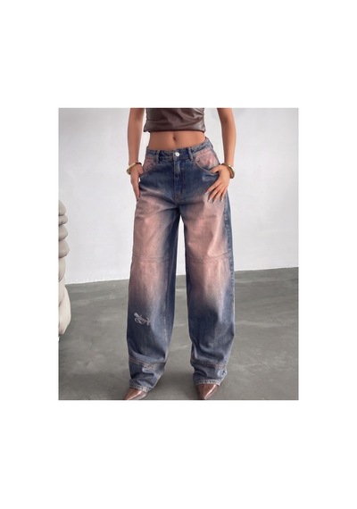 Kene Jeans Bacak Parçalı/nakışlı Kahve Tint İşlemli Baggy Jeans Kahve Tint