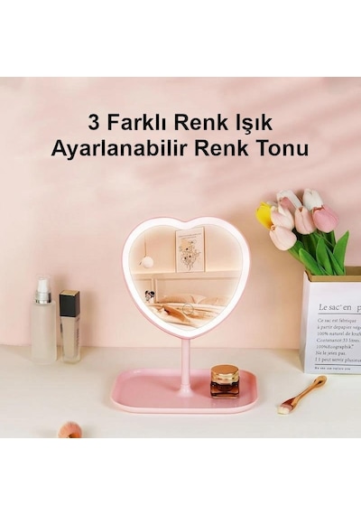 Valkyrie Kalp Şeklinde Led Işıklı Şarjlı Makyaj Aynası Pembe