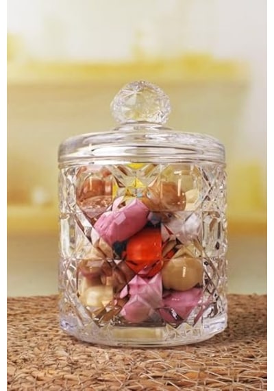 Lüx Büyük Cam Şekerlik & Cam Lokumluk, Kesme Cam Lüx Şekerlik 13cm 7.8cm - 06639 Açık Kahverengi