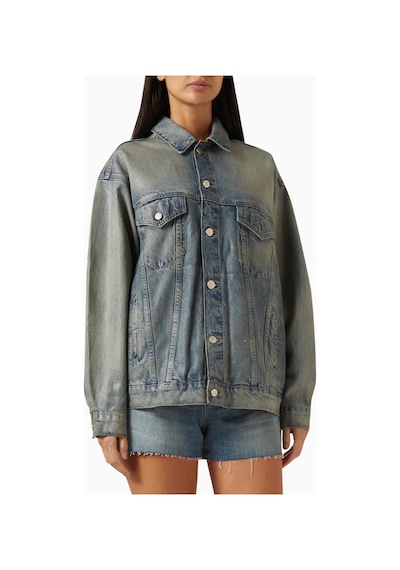 Good American Kaplamalı Oversize Denim Ceket, Modern Şık - Günlük Kadın Dış Giyim Mavi