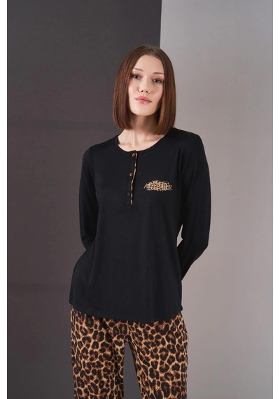 Pjs 26004 Kadın Uzun Kol Leopar Desenli Pijama Takım Siyah