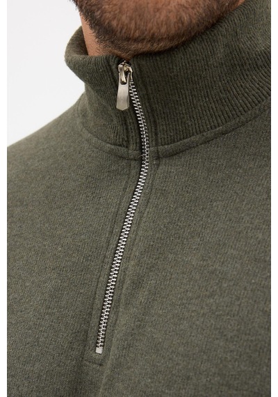Mmetalic Erkek Haki Standart Fit Normal Kesim Pamuklu Yarım Fermuarlı Dik Yaka Pamuklu Sweatshirt Haki