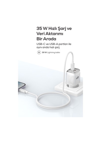 Hızlı Şarj Adaptörü 35w Gan + Lightning Kablo 30w Pd Usb-c&usb-a, Tablet&telefon Beyaz-v0102017