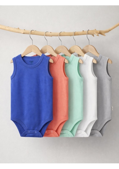 Civil Baby 5 Li Basıc Sıfır Kol 0-36 Ay Çıtçıtlı Badi - Kırmızı Mercan