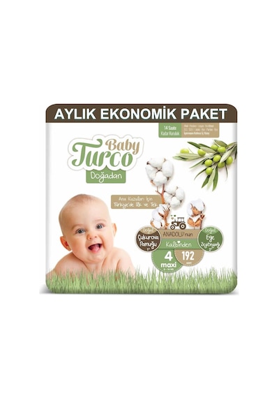 Baby Turco Doğadan Bebek Bezi 4 Numara Maxi Aylık Ekonomik Paket 192 Adet