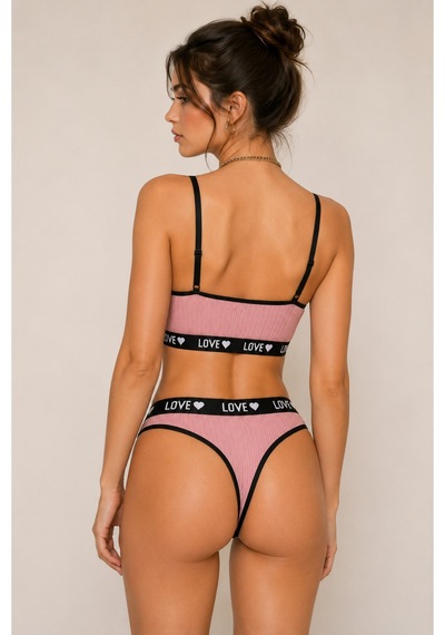 Pijamask Kadın Pembe Fitilli Love Lastik Detaylı Bralet Slip Külot İç Giyim Takımı Pembe