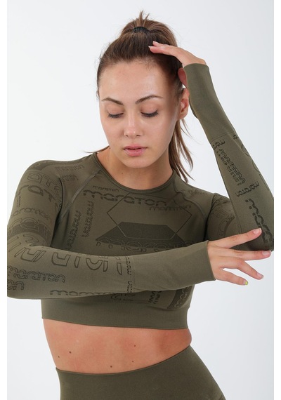 Maraton Active Slimfit Kadın Bisiklet Yaka Uzun Kol Koşu Haki Crop Top 816025 Haki