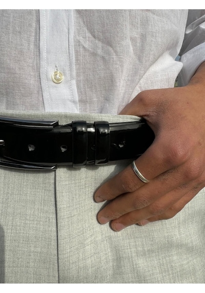 Bürke Rugan Siyah Deri Erkek Kemer Metal Tokalı Klasik Kumaş Pantolon kemeri 3,5 cm