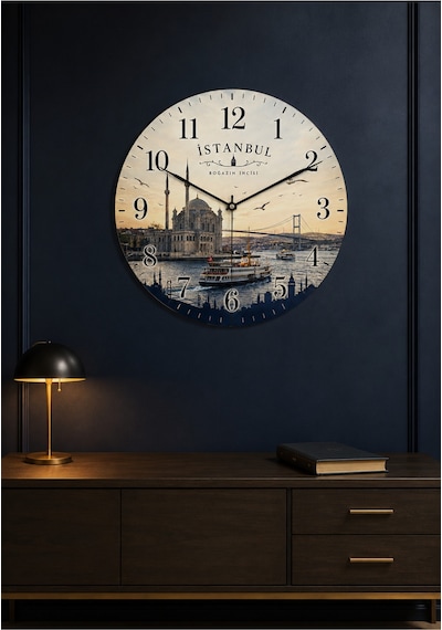 AA Shop İstanbul Türkiye Şehir Manzaraları Desenli Dekoratif Baskılı Ahşap Duvar Saati 45 Cm Sessiz Akar Mekanizma 899 Çoklu Renkli