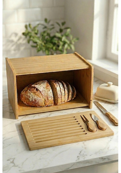 Doğal Bambu Kapaklı Ekmek Kutusu & Doğal Bambu Ekmek Dolabı 23x38x20 Cm Çok Renkli