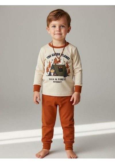 Zekids Erkek Çocuk The Green Planet Yazılı Uzun Kollu Pijama Takımı-16841 Bej