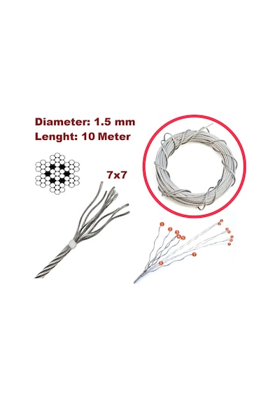 10 Metre 7x7 Çelik Tel Halat Cam Kriko Tamir Kablosu Çap: 1.5 Mm Standart