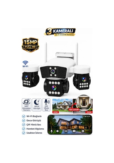 Rx95w Wifi 3 Kameralı Güvenlik Kamerası 15mp Ultra Hd Ptz Hareketli Sesli Gece Görüşlü Akıllı Kamera 47020348